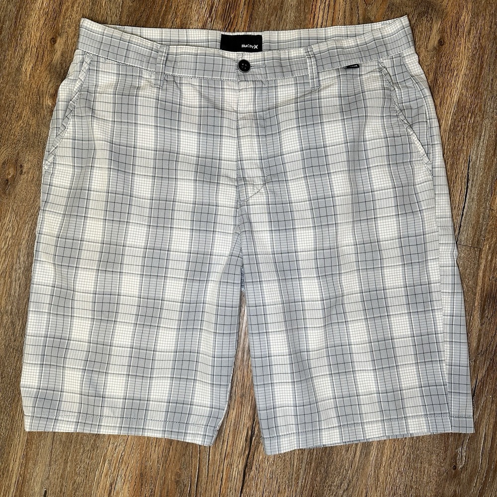 Vintage Hurley Shorts Mens 32 Grey Cream Plaid Outdoor Pockets Zip Fly Y2K